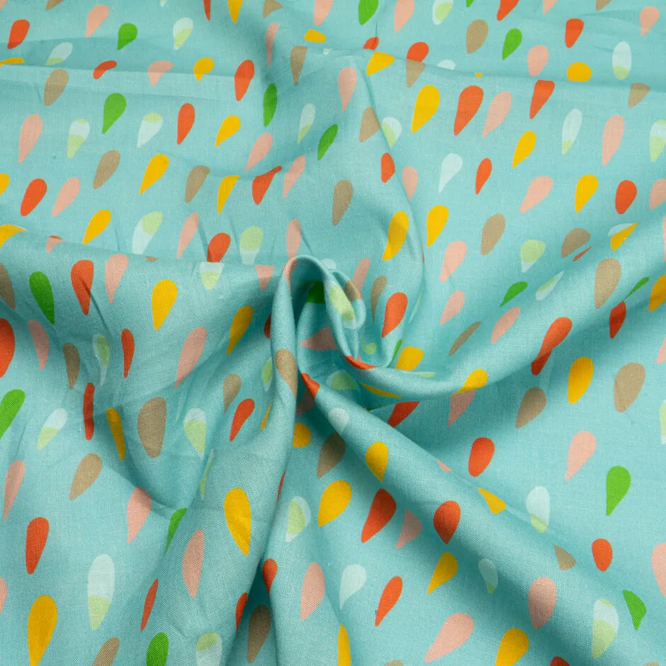 Multi-Coloured 'Petal' Printed Aqua Linen