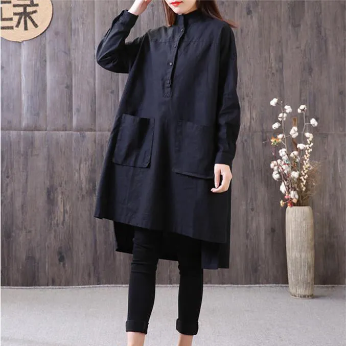 New cotton linen blouse Loose fitting Loose Irregular Stand Collar Long Sleeve Black Shirt