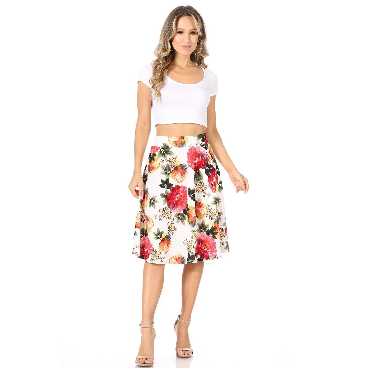 Off White Floral A-Line Midi Skirt