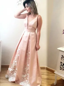 Pink A Line V Neck Floor Length Lace Appliques Pleated Satin Long Prom, V Neck Pink Formal Graduation Evening