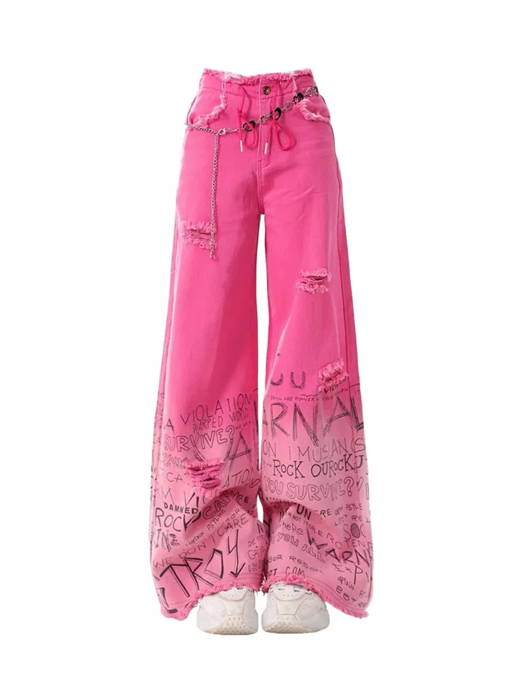 Pink Graffiti Wide-Leg Ripped Jeans