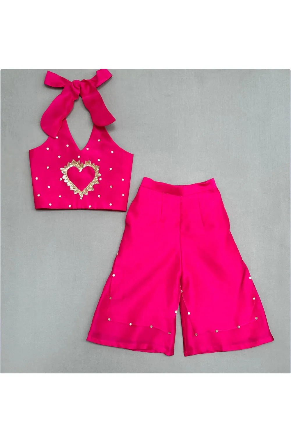 Pink Halter Neck With Heart Sequin Embroidery Palazzo Set