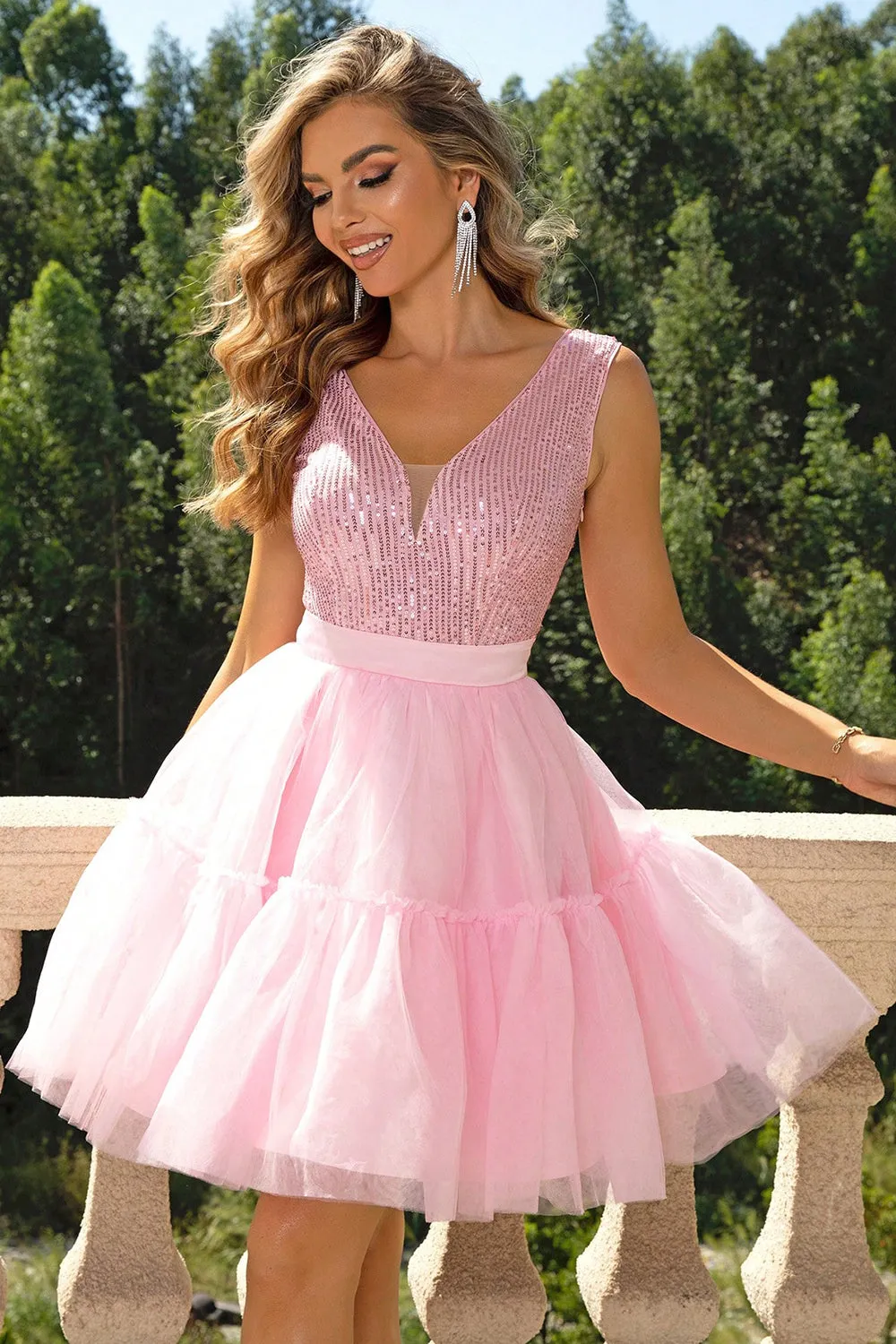 Pink Sequin Sleeveless V Neck Ruffle Mesh Puff Skirt Formal Dress