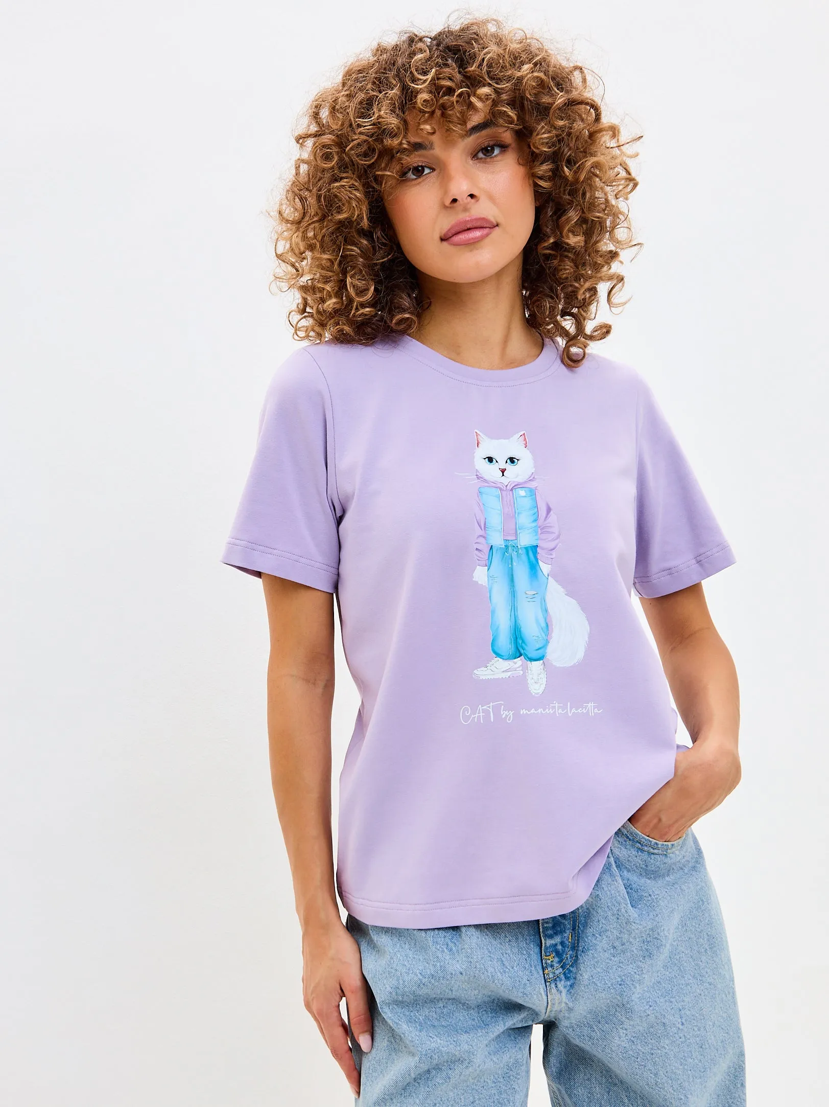 Purple Printed T-shirt WALKING CAT