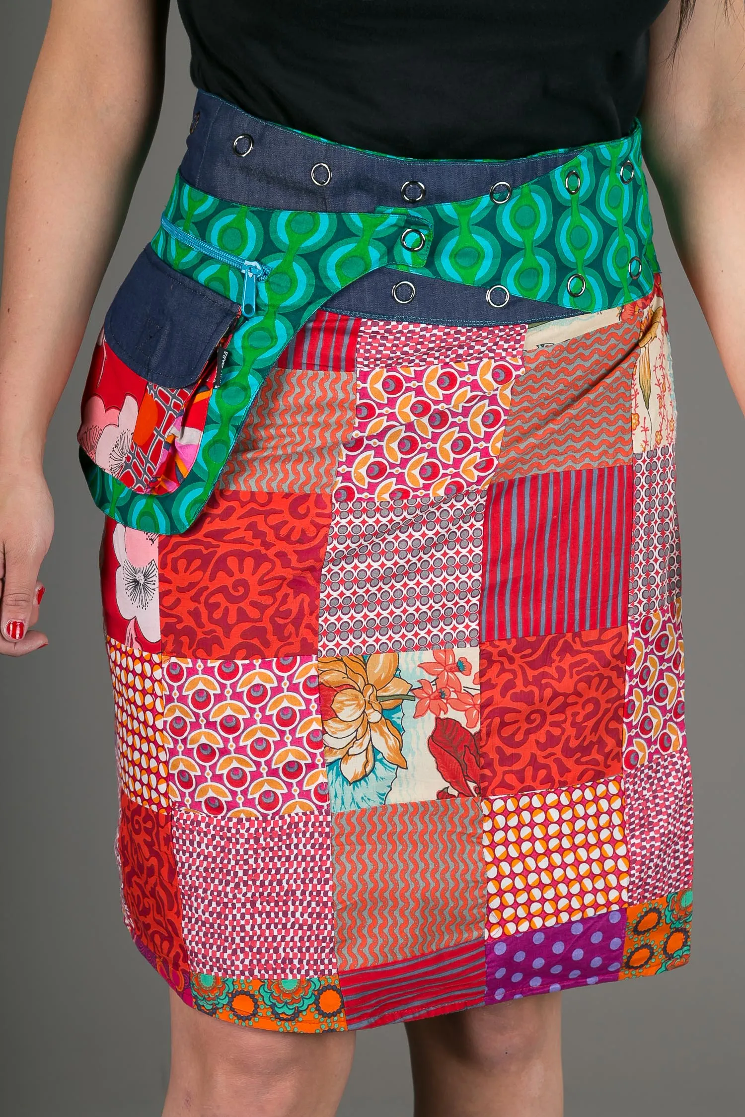 Reversible Cotton Denim Skirt Red Patch Green Print with Pocket