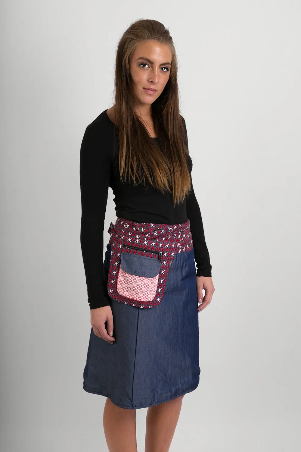 Reversible Cotton Skirt Red Patch Denim Detachable Pocket