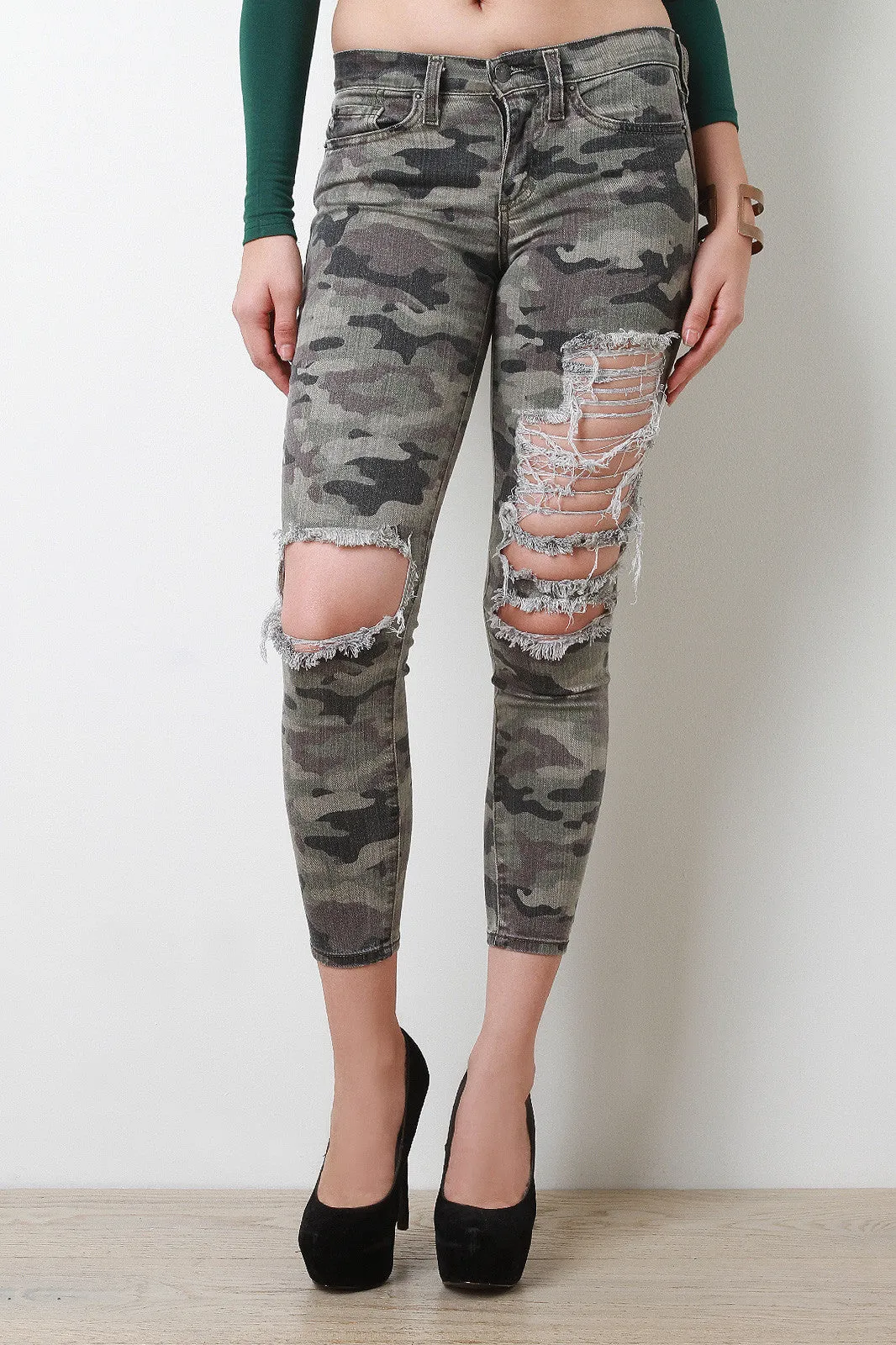 Ripped Camouflage Capri Jeans