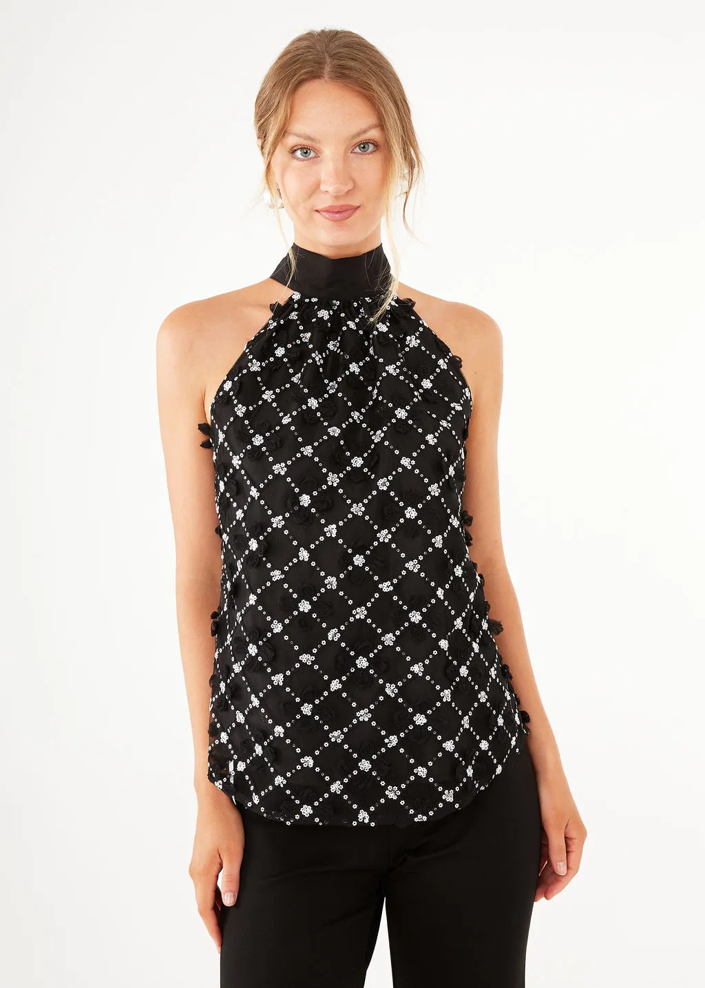 Rory Top Black Sequin Lattice Lace