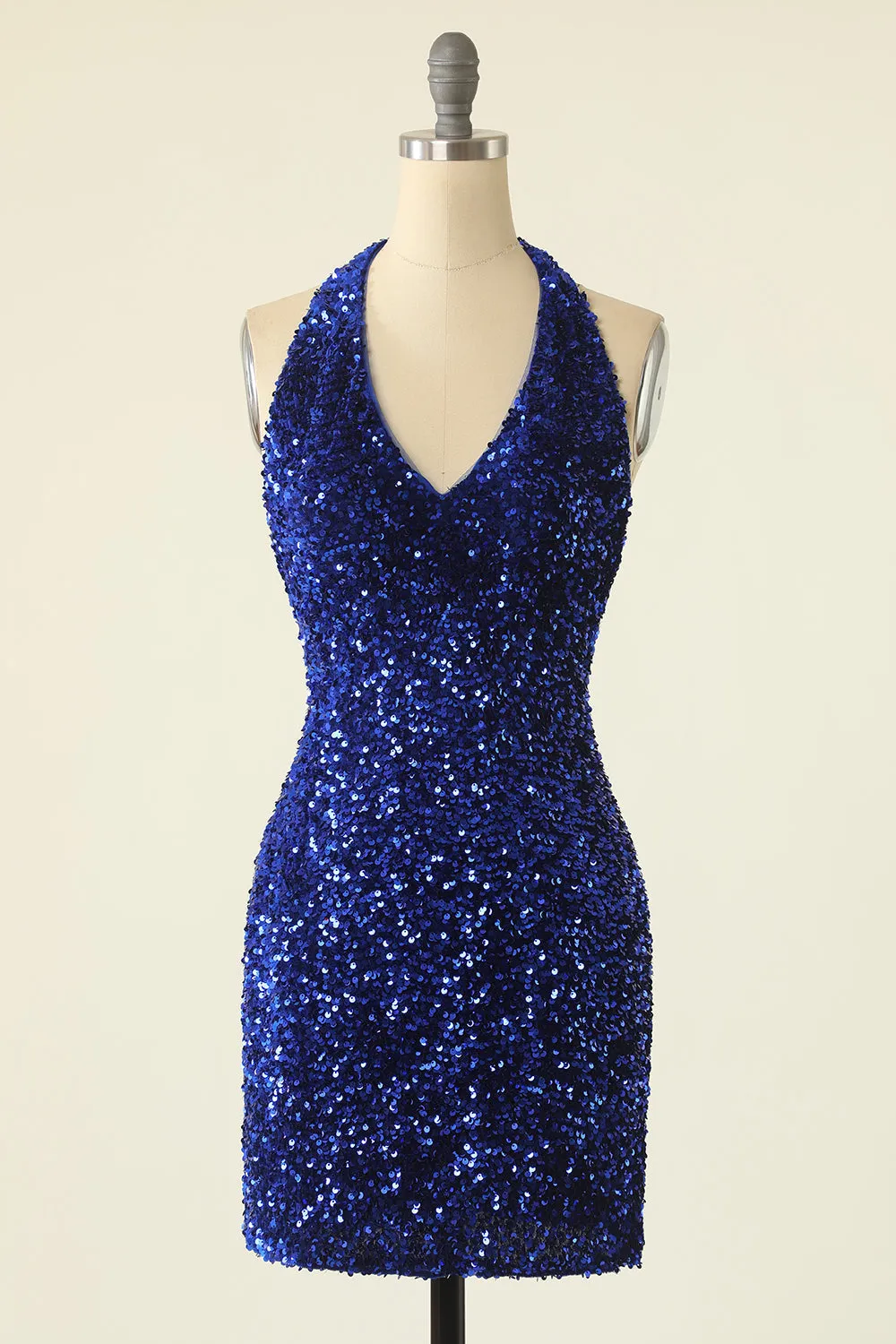 Royal Blue Sequin Halter Open Back Short Homecoming Dress