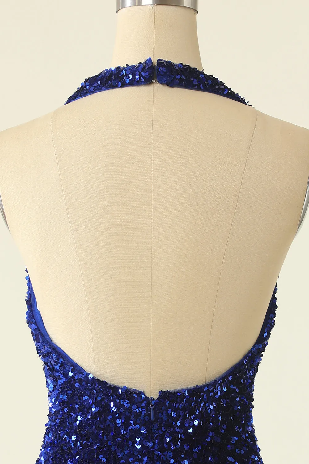 Royal Blue Sequin Halter Open Back Short Homecoming Dress