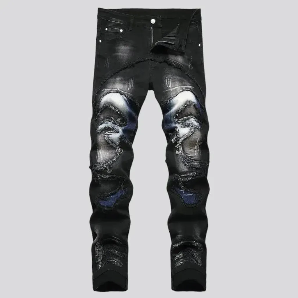 Sanded men's patchwork jeans