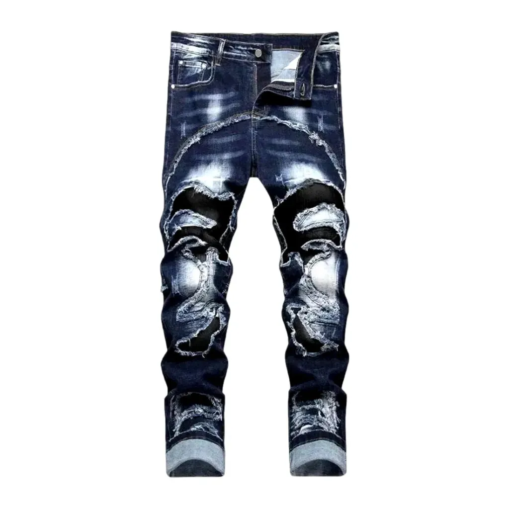 Sanded men's patchwork jeans