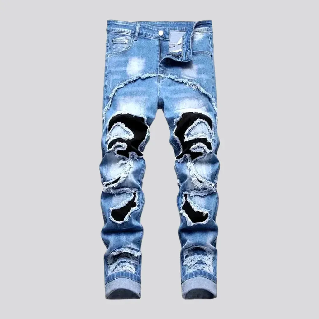 Sanded men's patchwork jeans