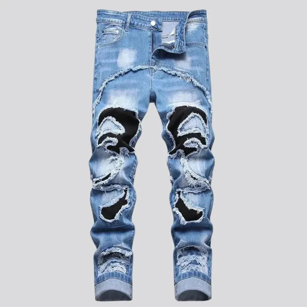 Sanded men's patchwork jeans