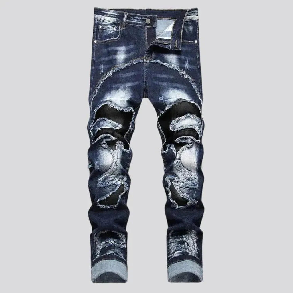 Sanded men's patchwork jeans