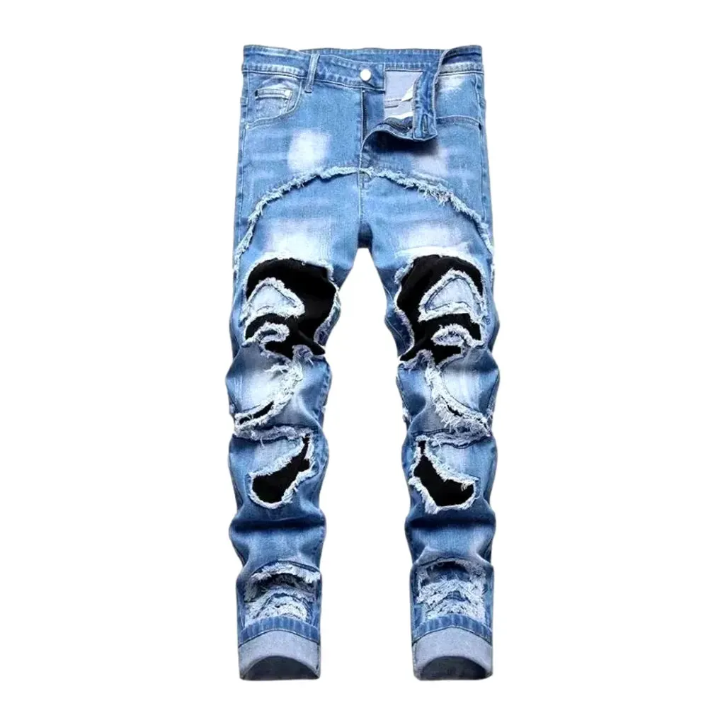 Sanded men's patchwork jeans