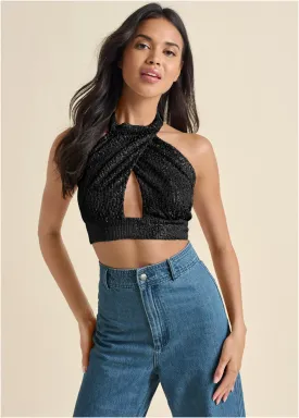 Sequin Halter Crop Top - Black