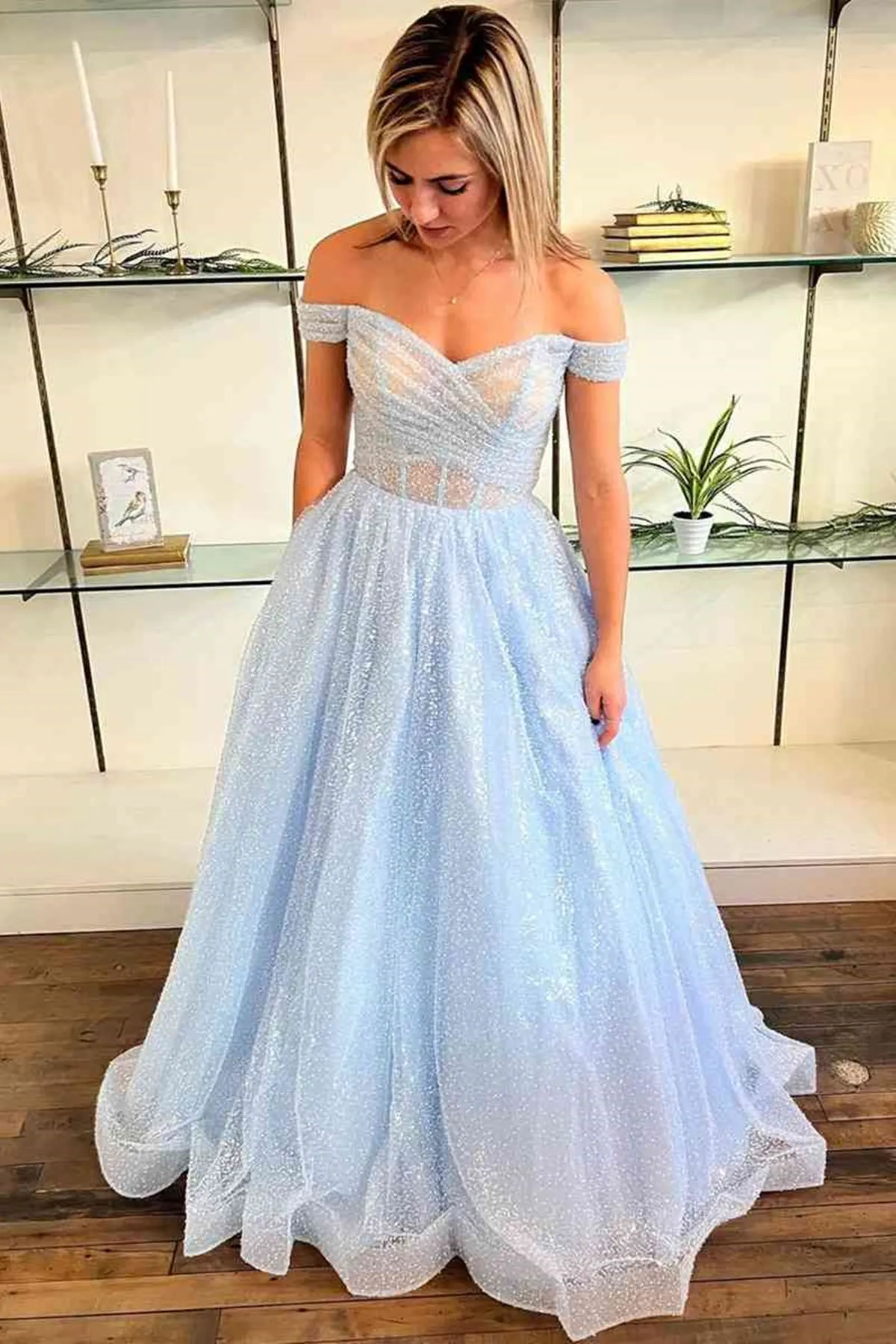 Shiny Tulle Off Shoulder Blue/Pink Long Prom Dress, Blue/Pink Formal Graduation Evening Dress A1808