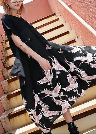 Simple Black Crane Prints Cotton Plus Size Summer Dress