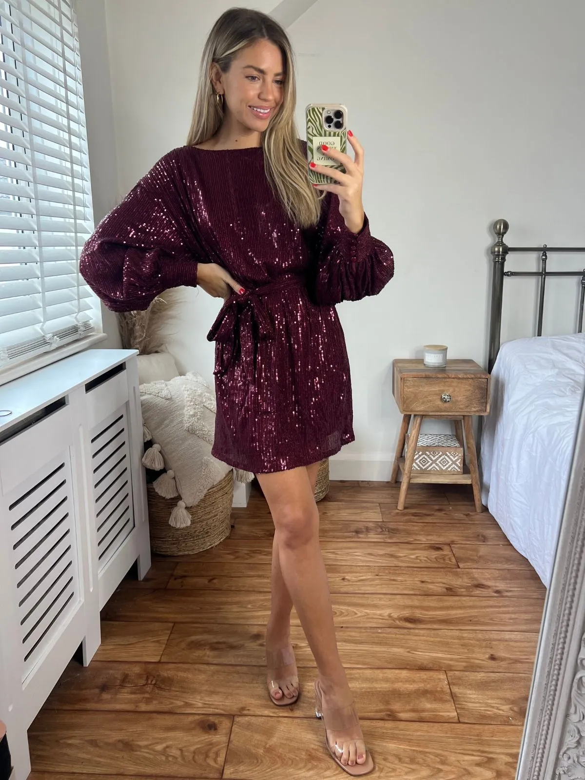 Skylar Balloon Sleeve Mini Dress / Mulberry Sequin