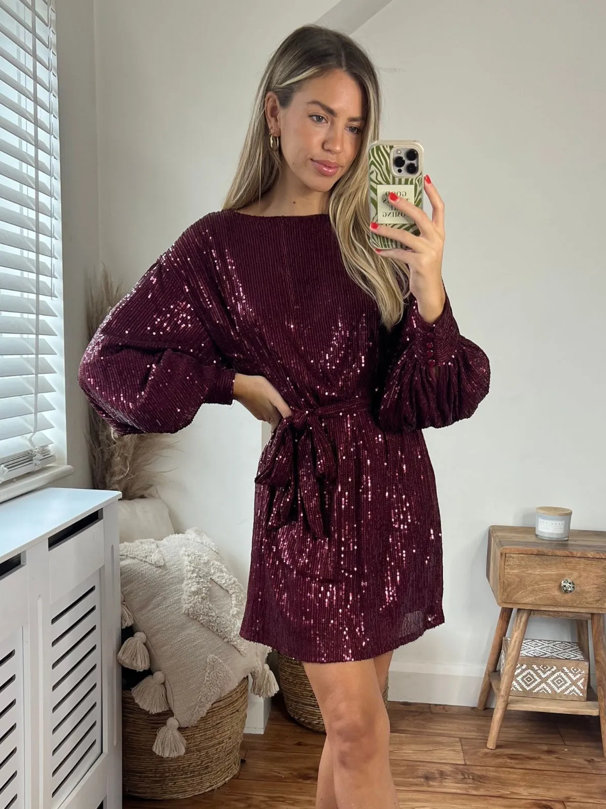 Skylar Balloon Sleeve Mini Dress / Mulberry Sequin