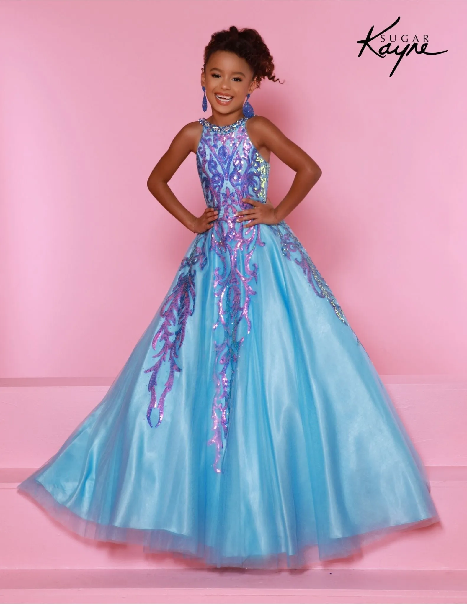 Sugar Kayne C344 Long Girls  Preteen Pageant Dress  Halter Neck Glittering Sequin  A-line Ballgown