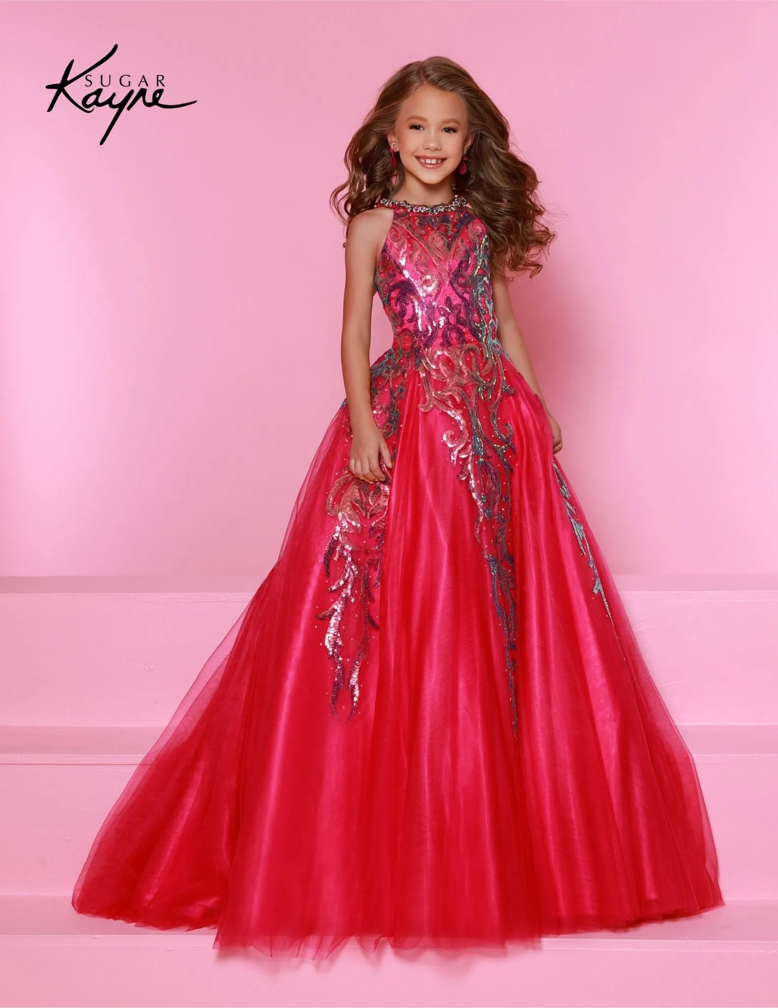 Sugar Kayne C344 Long Girls  Preteen Pageant Dress  Halter Neck Glittering Sequin  A-line Ballgown