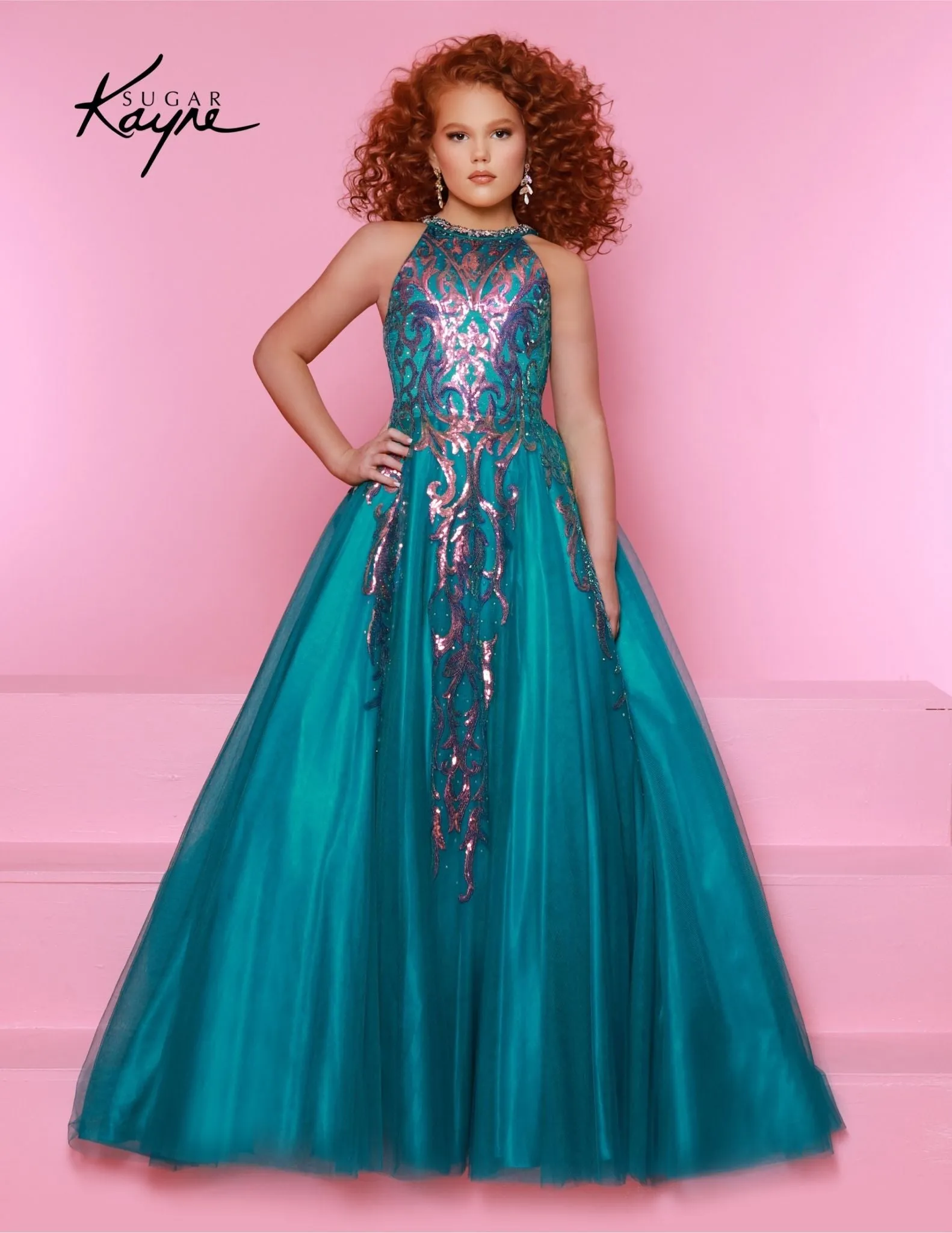 Sugar Kayne C344 Long Girls  Preteen Pageant Dress  Halter Neck Glittering Sequin  A-line Ballgown