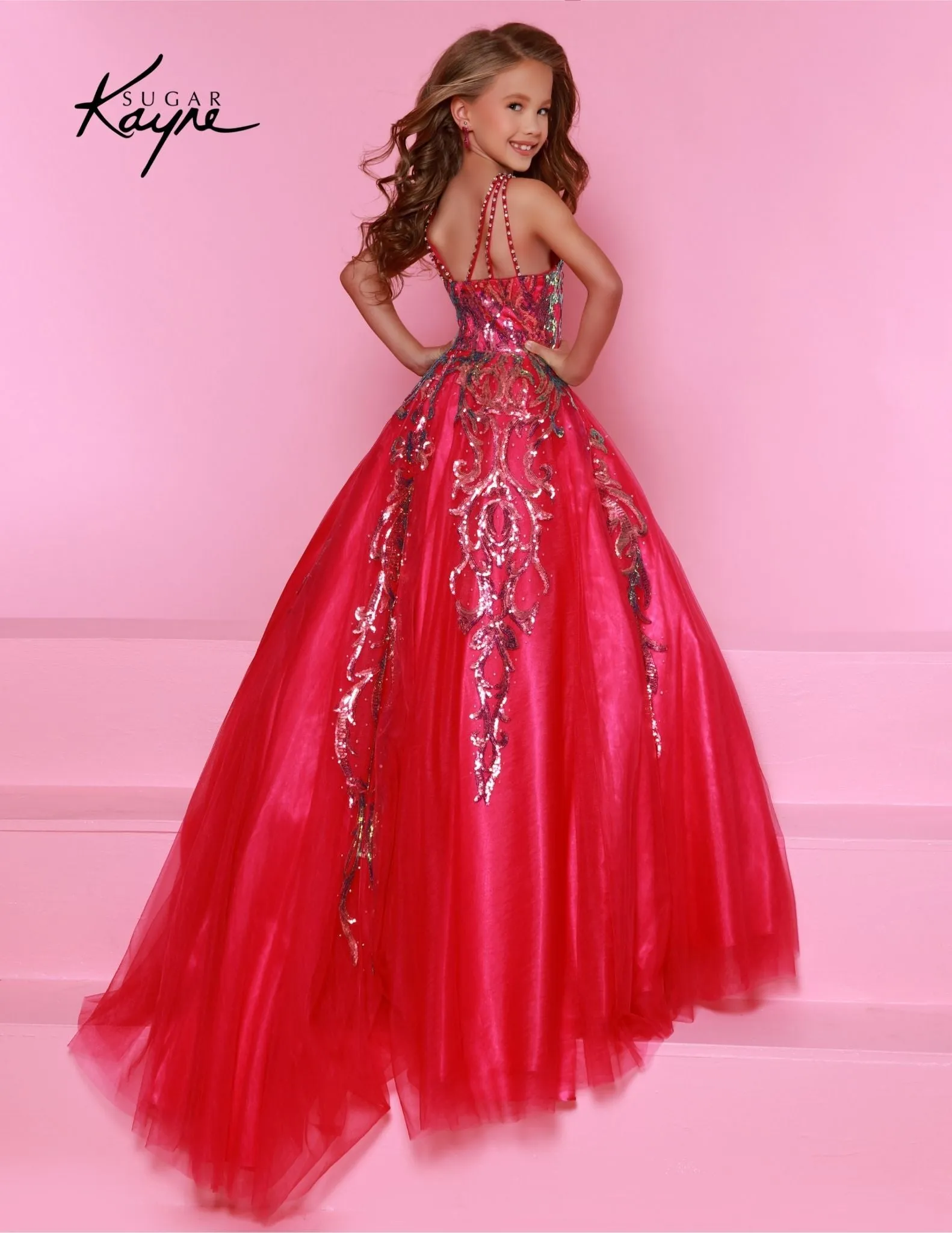 Sugar Kayne C344 Long Girls  Preteen Pageant Dress  Halter Neck Glittering Sequin  A-line Ballgown