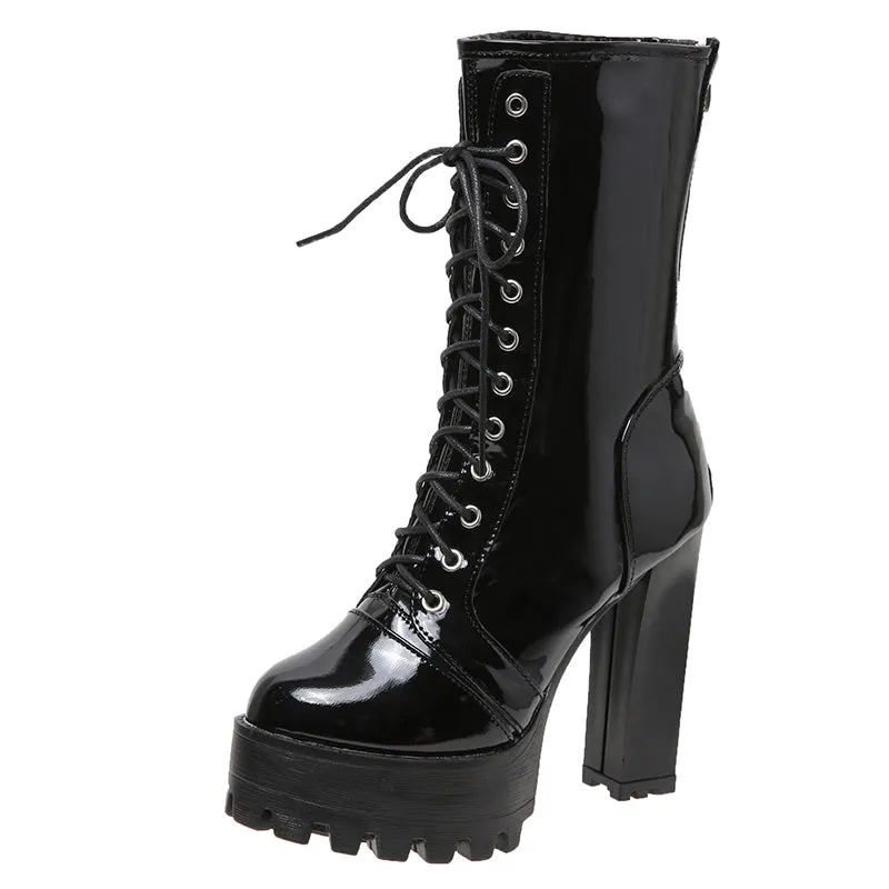 Super High Heel Leather Ankle Boots with Back Zipper