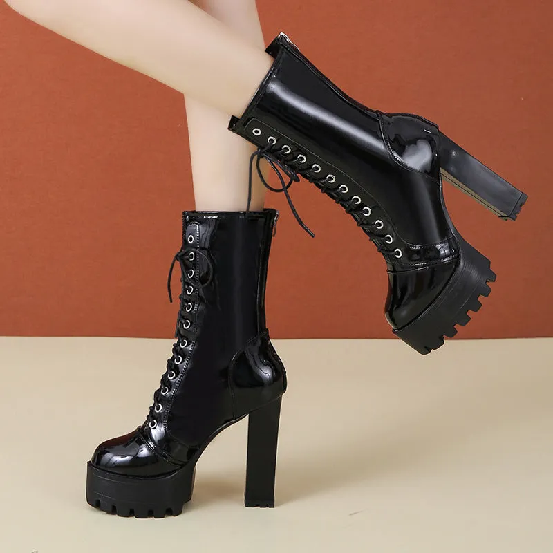 Super High Heel Leather Ankle Boots with Back Zipper