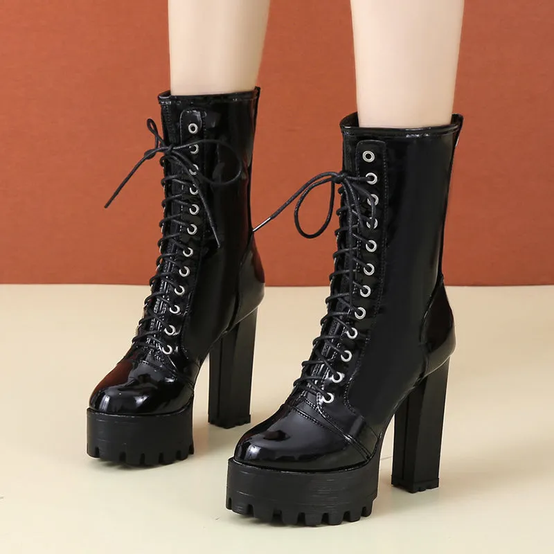 Super High Heel Leather Ankle Boots with Back Zipper