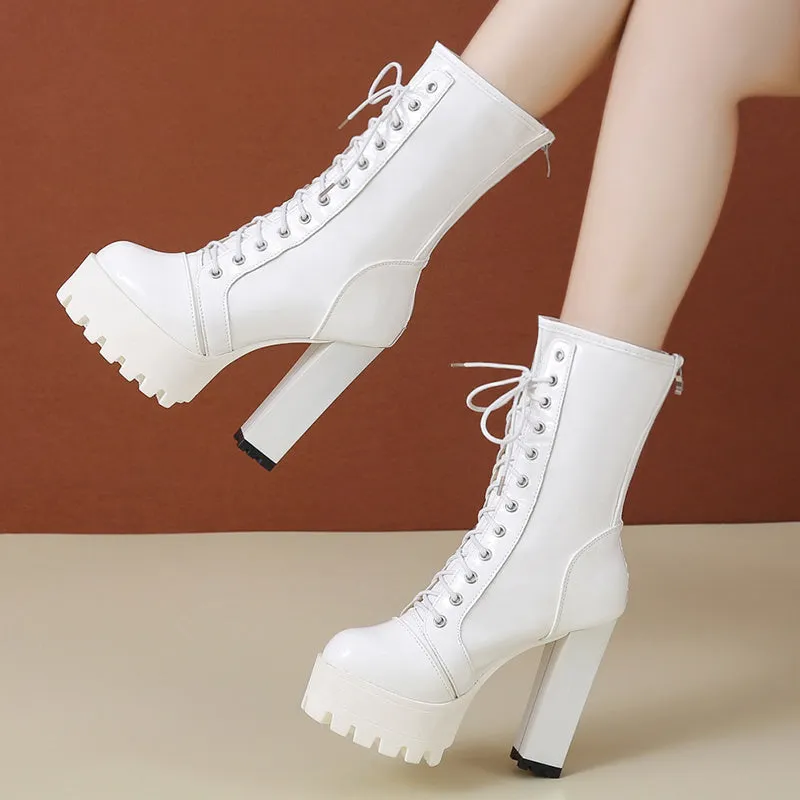 Super High Heel Leather Ankle Boots with Back Zipper