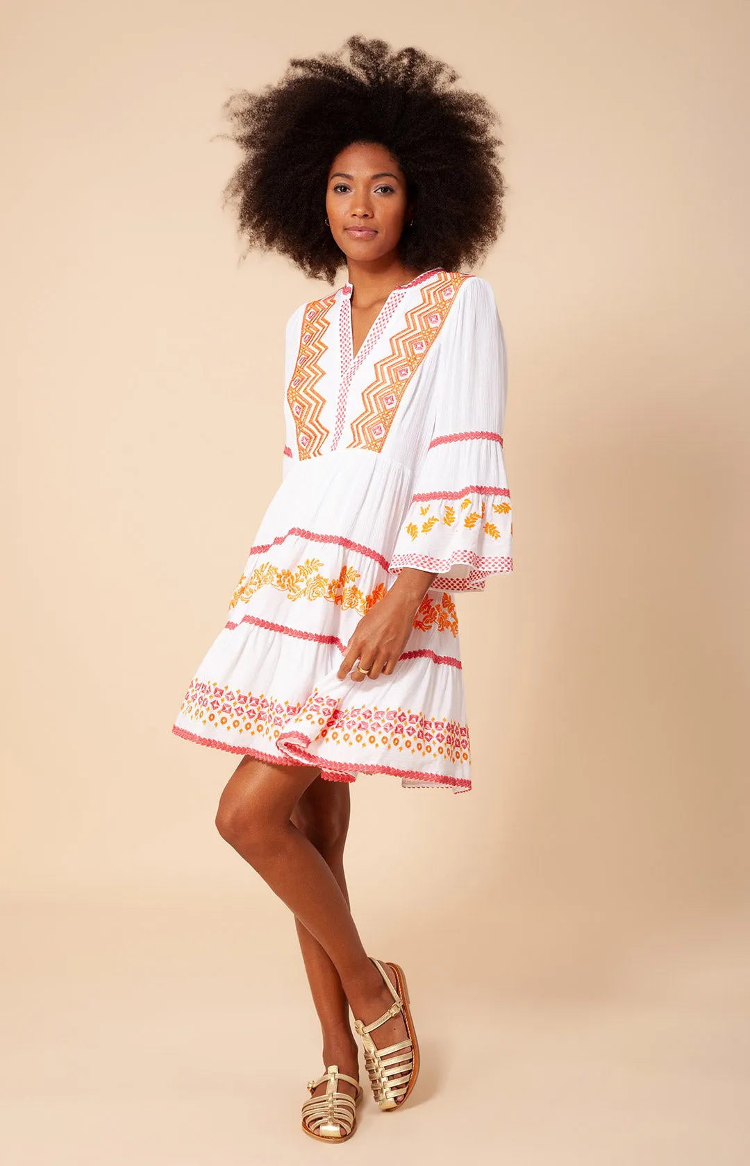 Taliah Embroidered Crinkle Gauze Dress