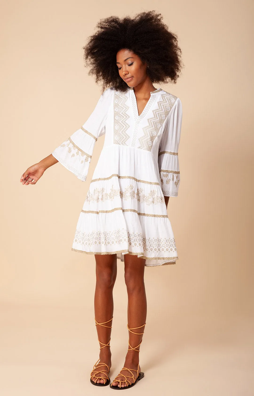 Taliah Embroidered Crinkle Gauze Dress