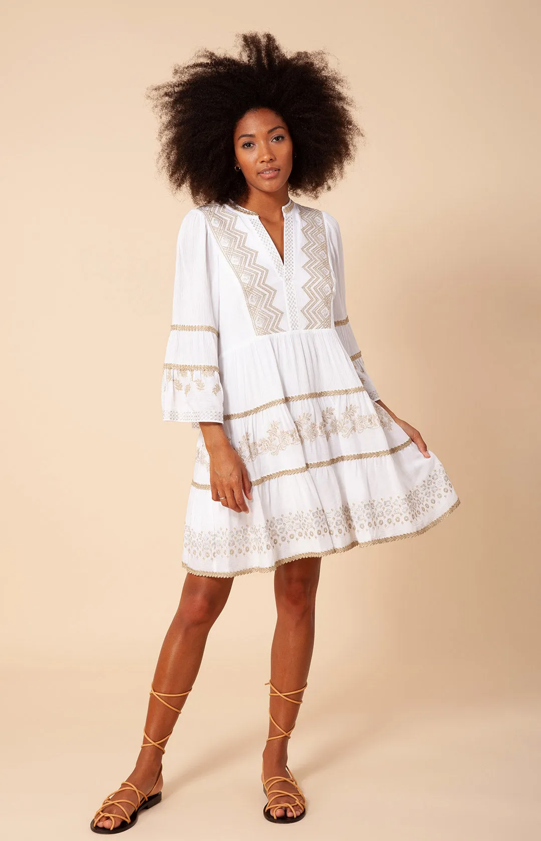 Taliah Embroidered Crinkle Gauze Dress