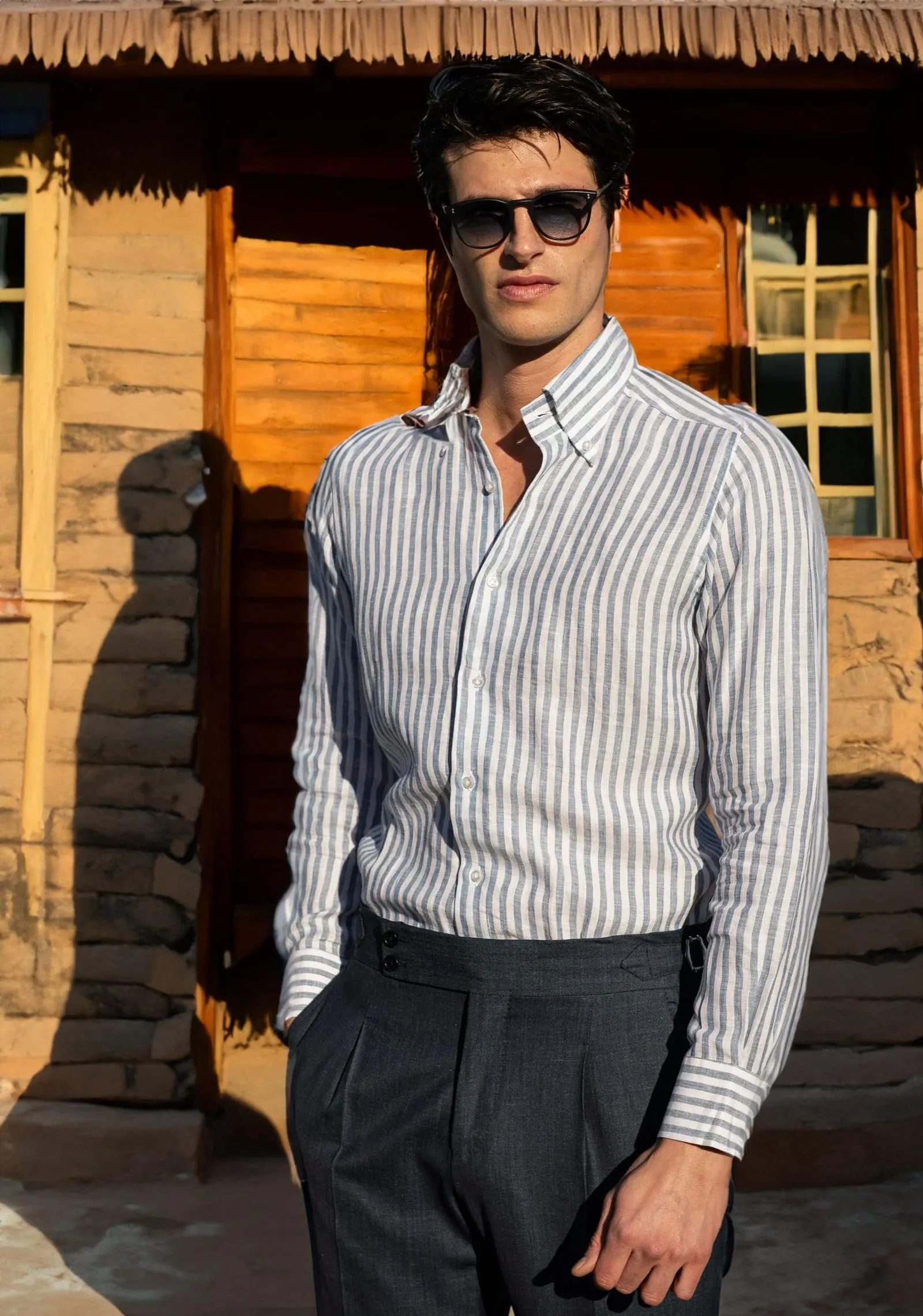 The Monaco Linen Striped Shirt in Amalfi Blue