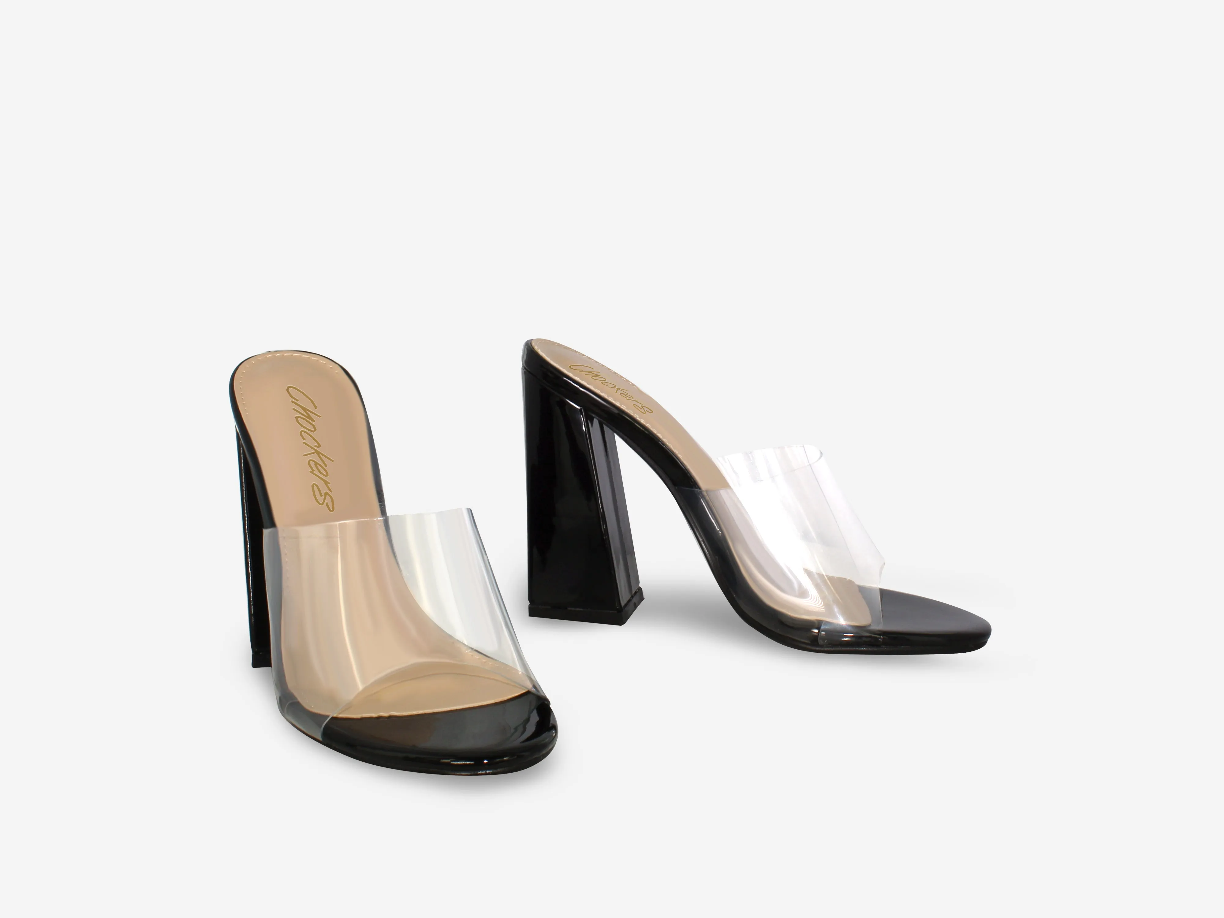 Tiffany – Black Patent Perspex Mule Block Heel