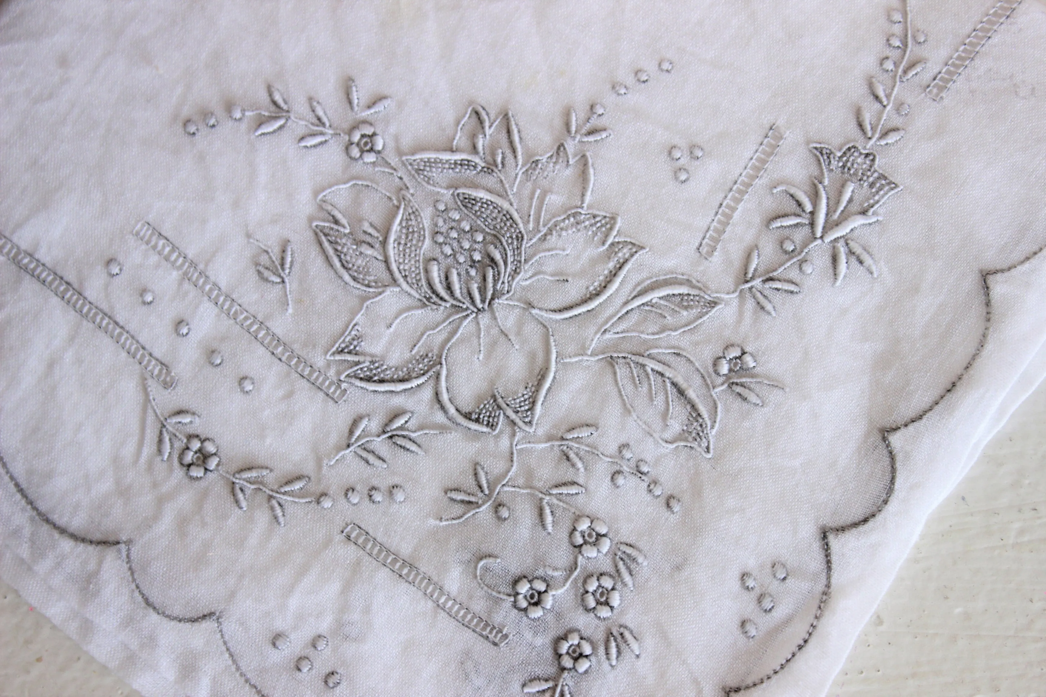 Vintage Handkerchief, Embroidered Gray And White Flowers