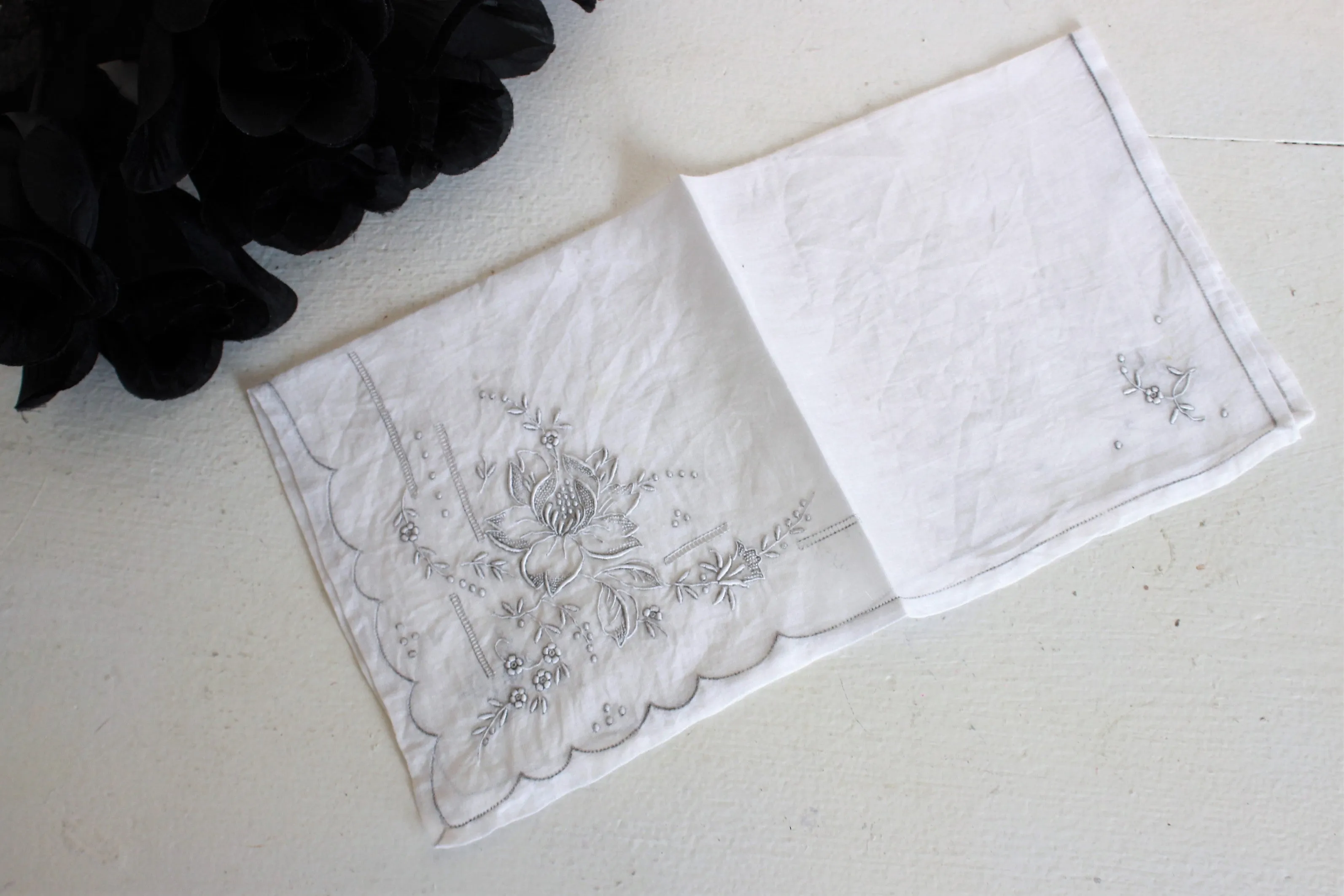 Vintage Handkerchief, Embroidered Gray And White Flowers