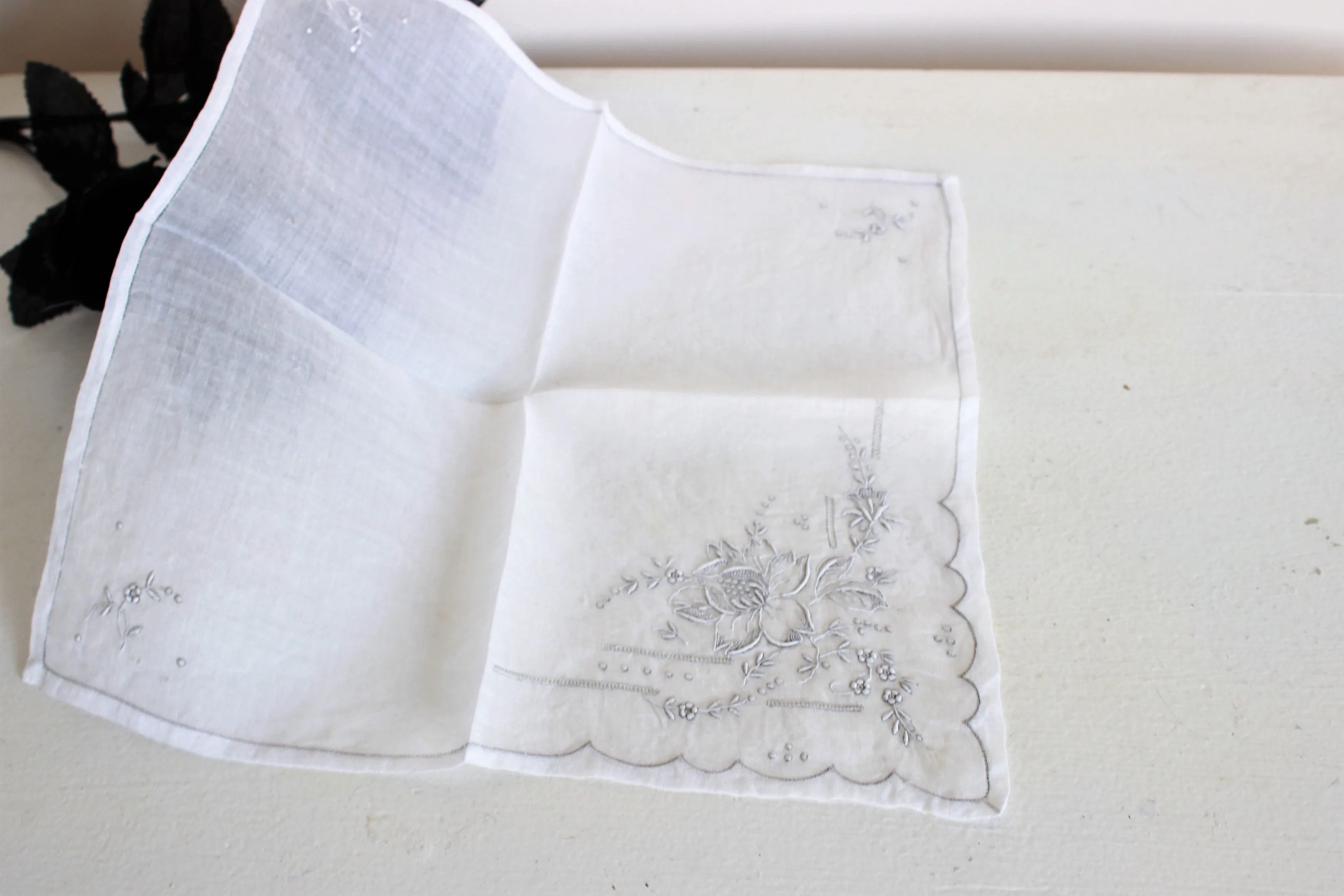 Vintage Handkerchief, Embroidered Gray And White Flowers