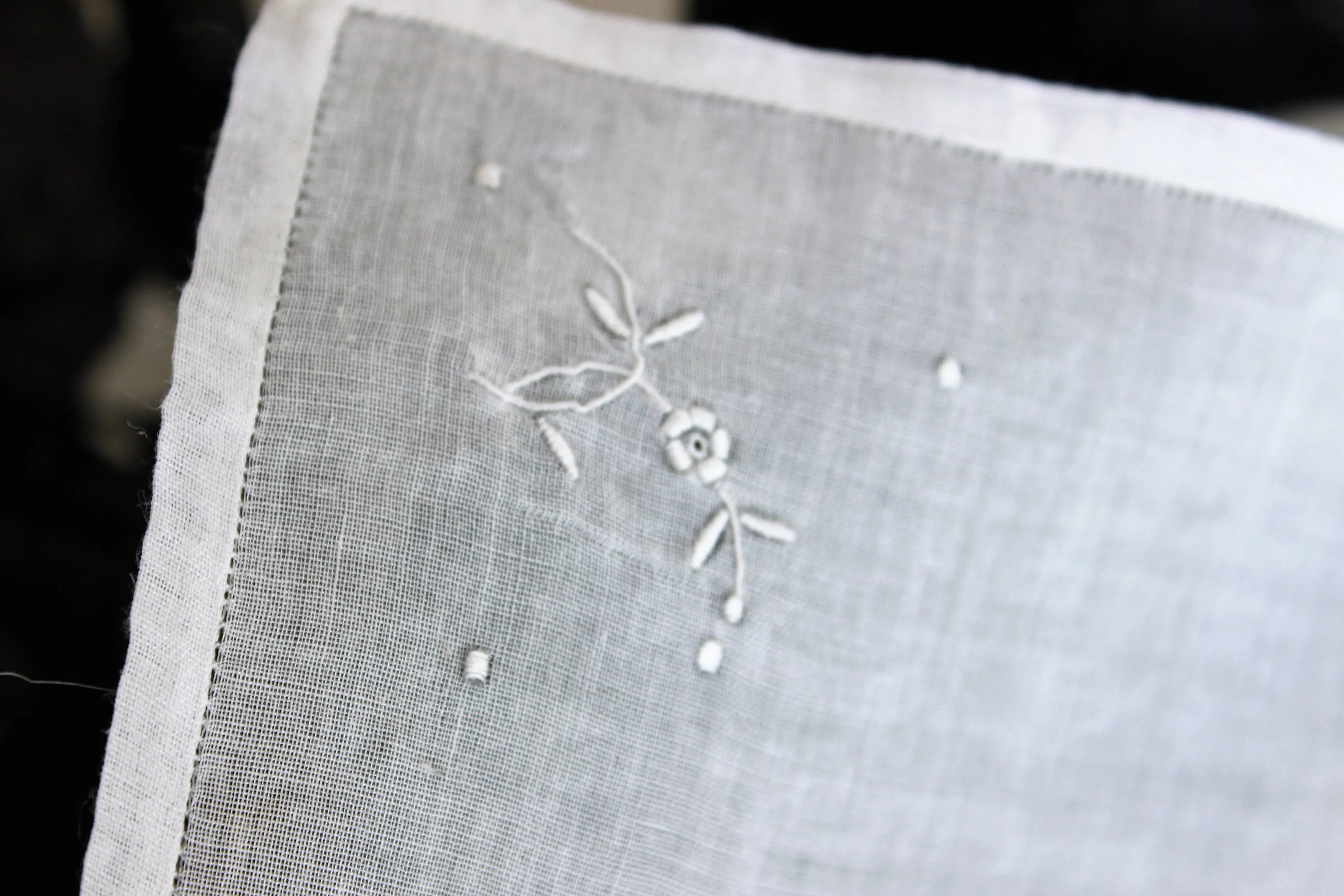 Vintage Handkerchief, Embroidered Gray And White Flowers