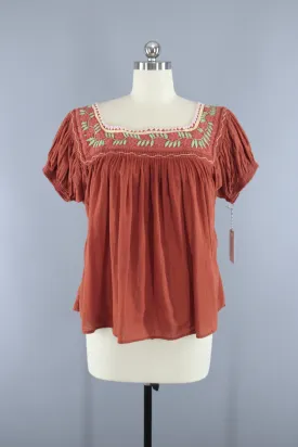 Vintage Rust Orange Cotton Gauze Embroidered Blouse