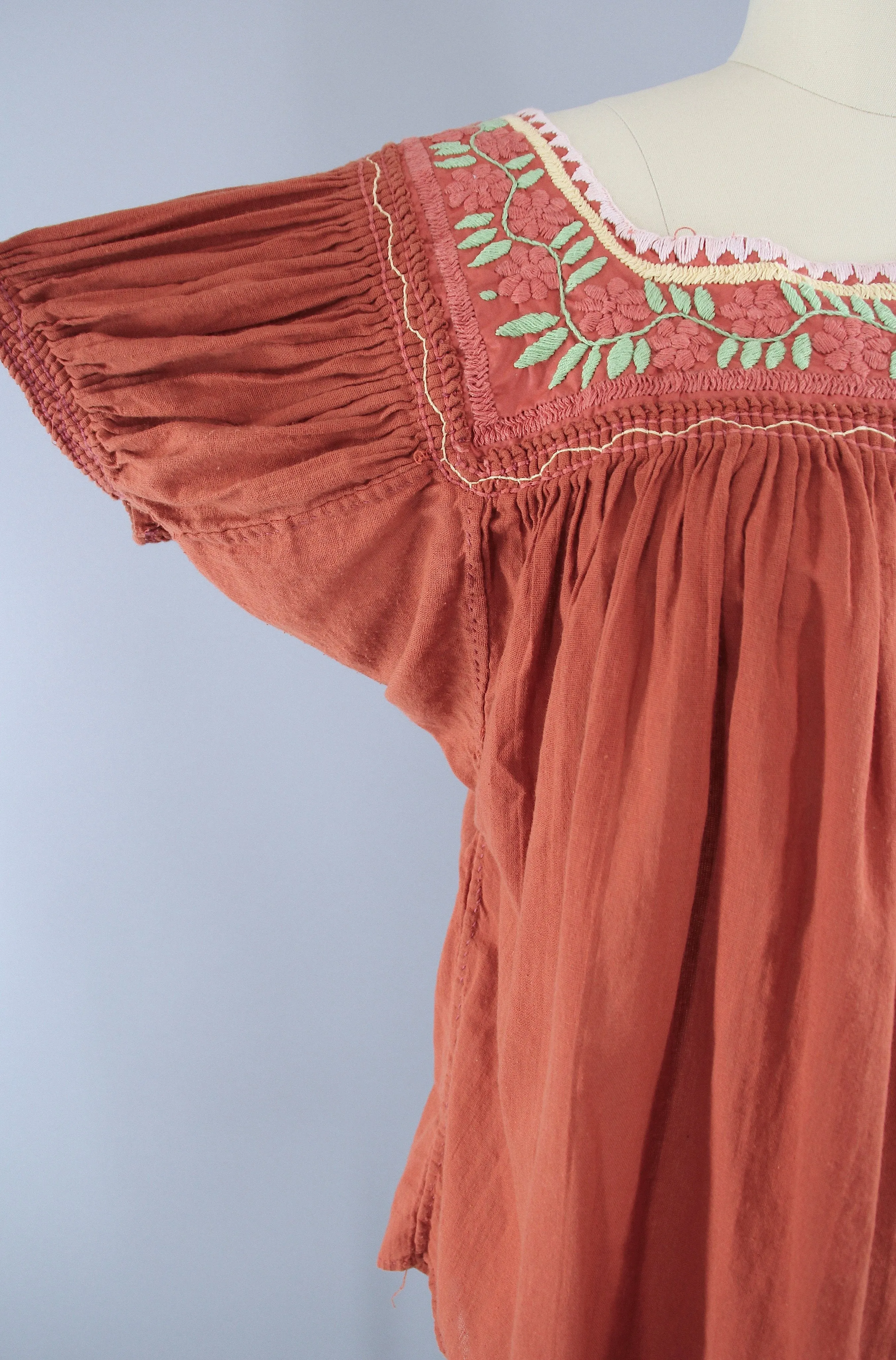 Vintage Rust Orange Cotton Gauze Embroidered Blouse