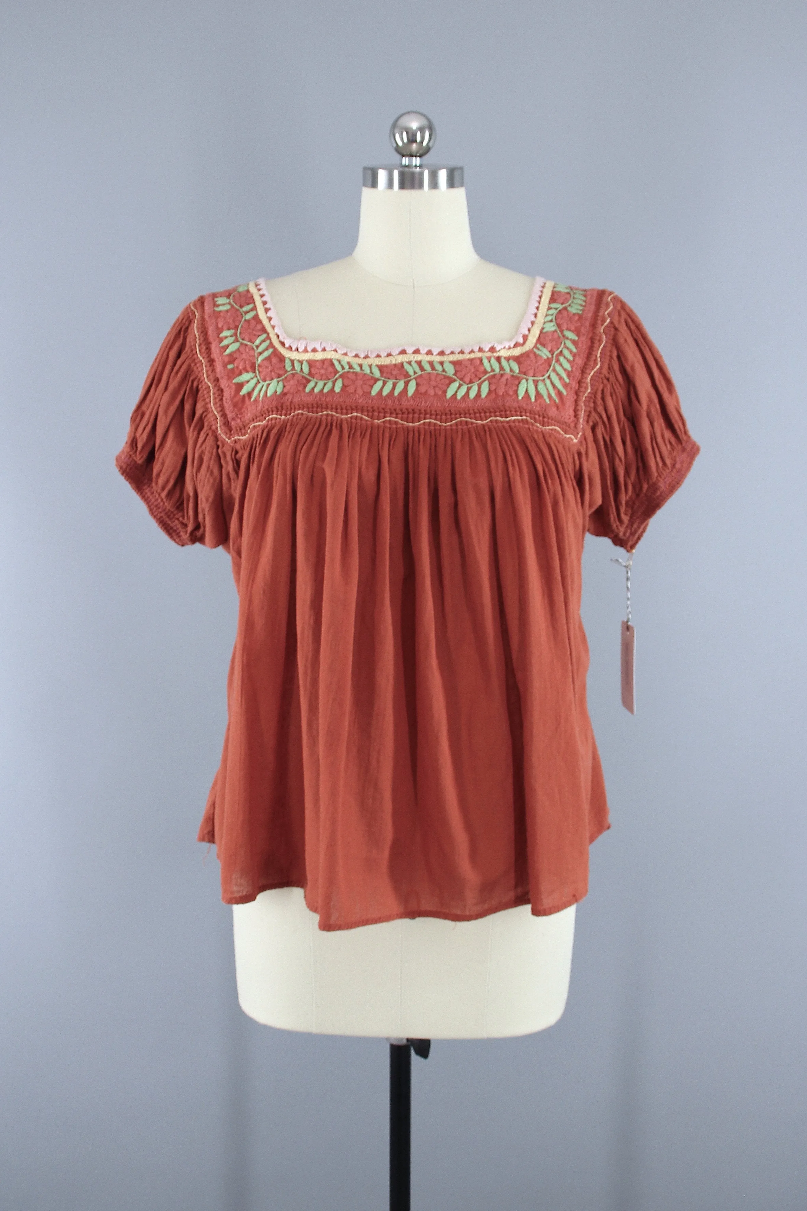 Vintage Rust Orange Cotton Gauze Embroidered Blouse