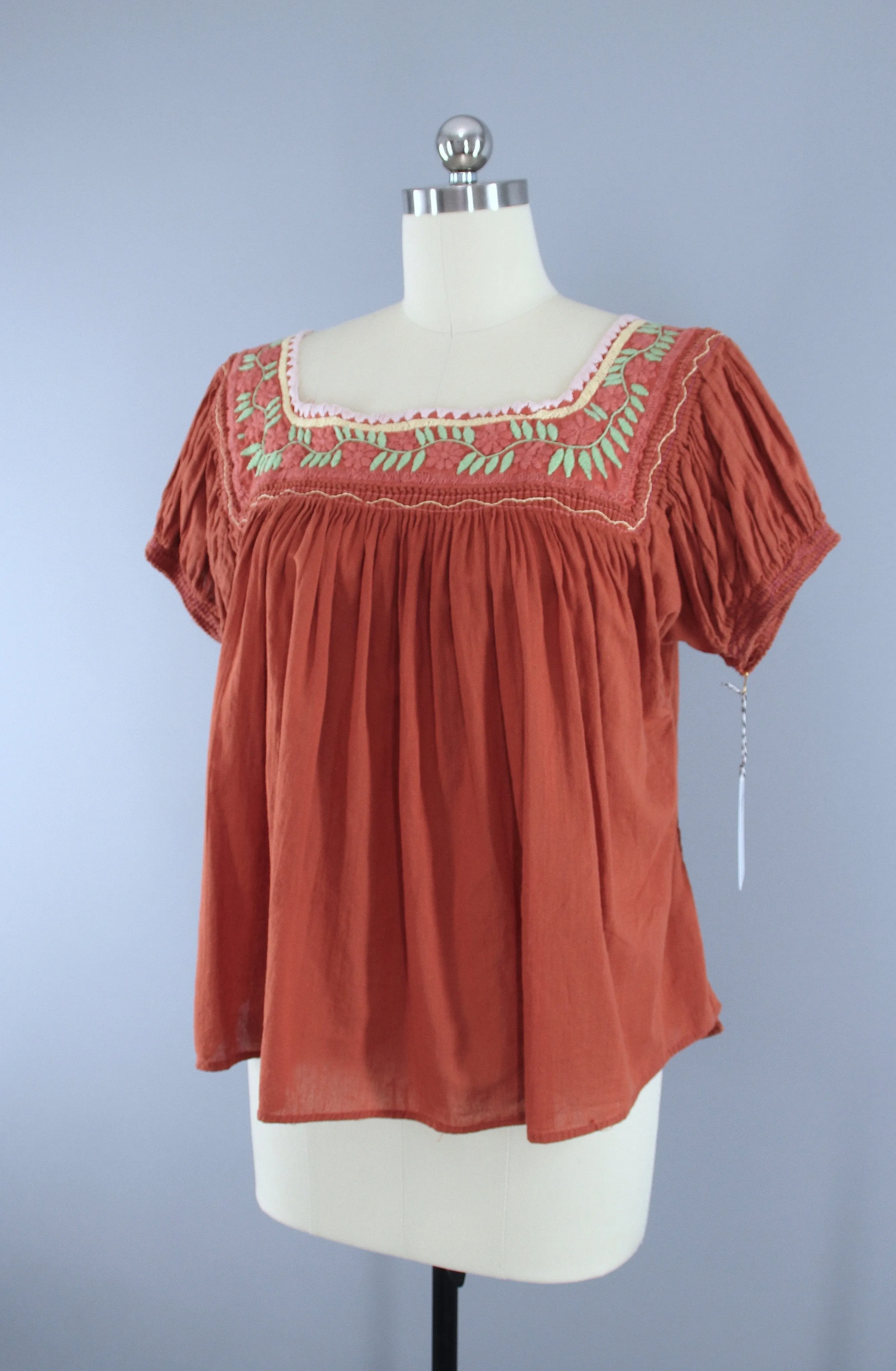 Vintage Rust Orange Cotton Gauze Embroidered Blouse