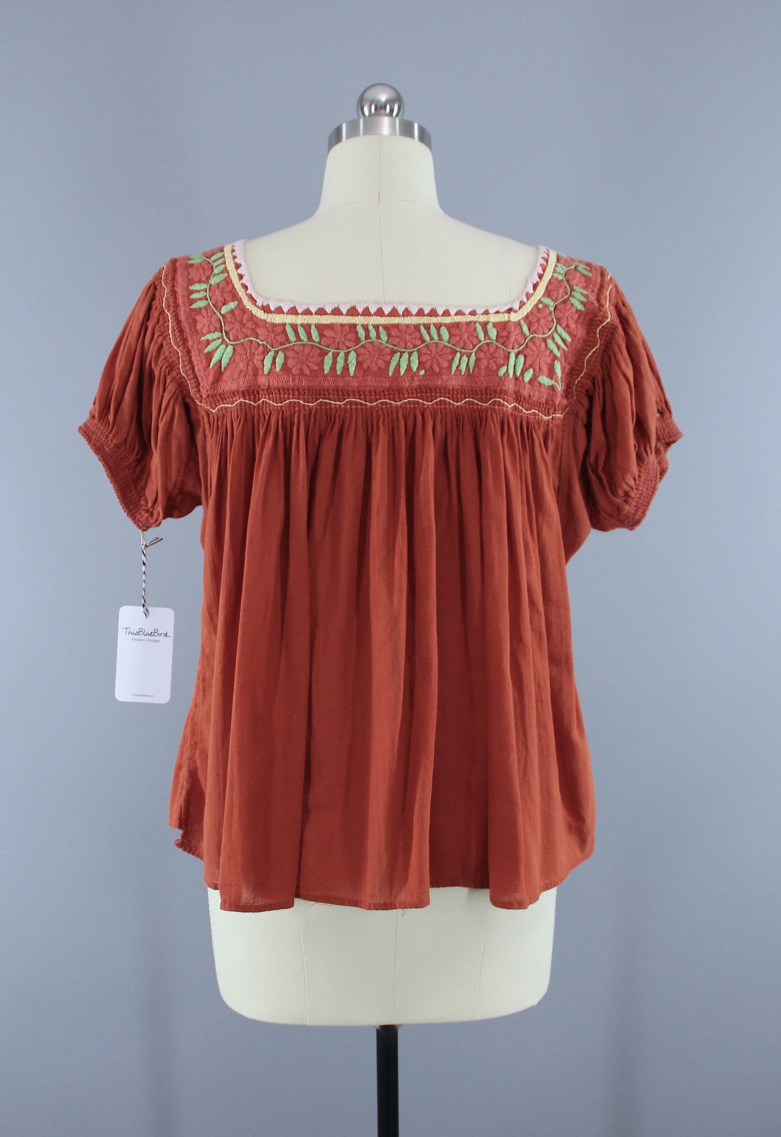 Vintage Rust Orange Cotton Gauze Embroidered Blouse