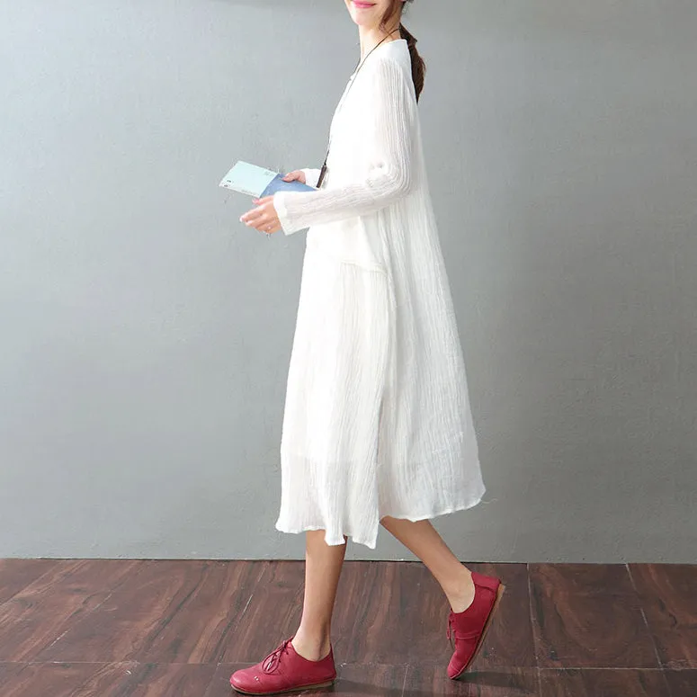 vintage white cotton linen maxi dress Loose fitting O neck baggy dresses New long sleeve patchwork dresses