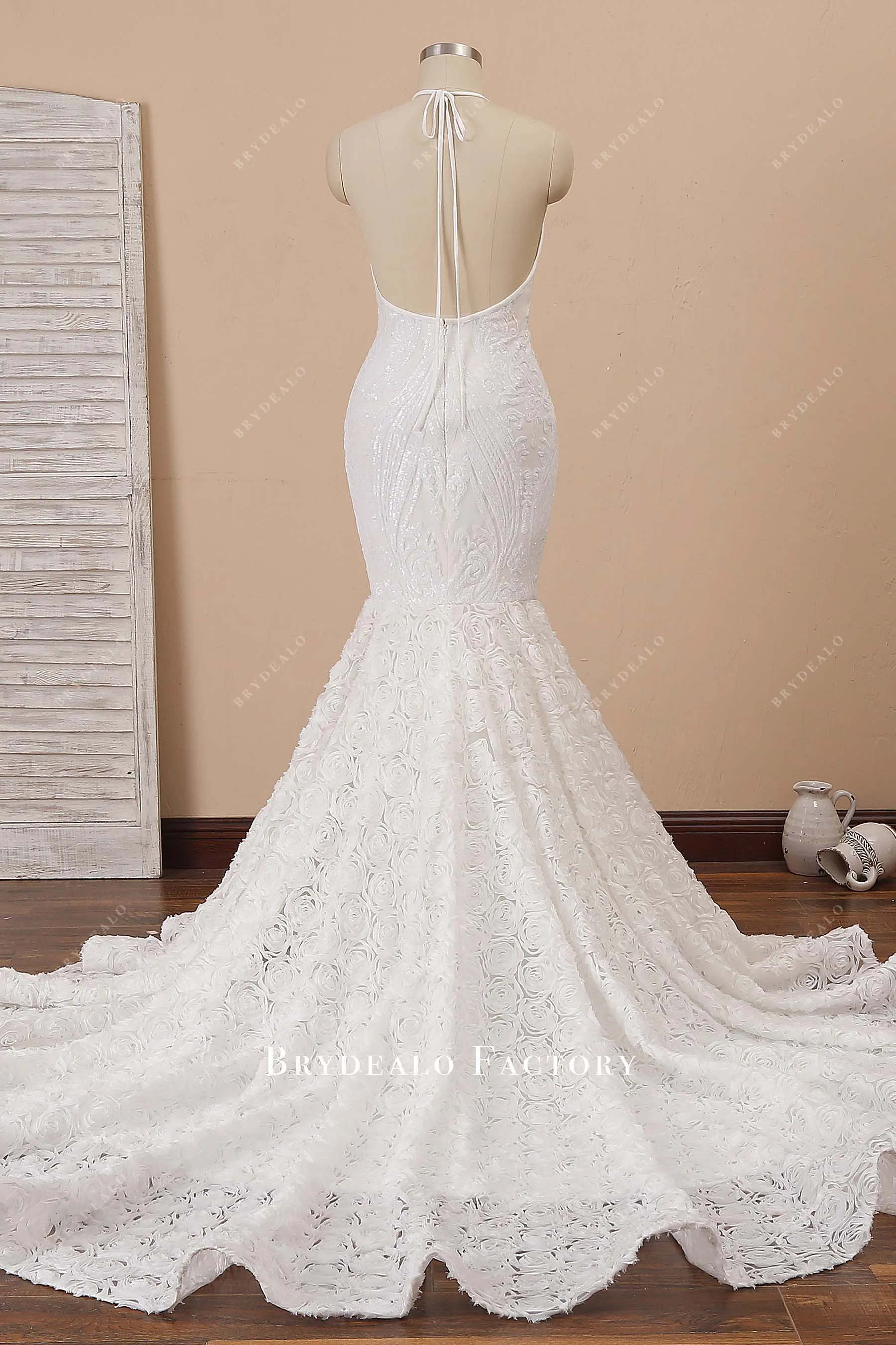 White Sequin Halter 3D Rose Dramatic Mermaid Formal Dress