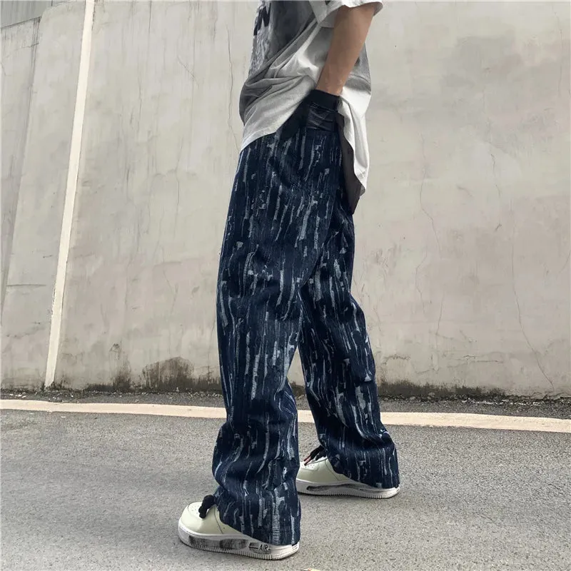 Wiaofellas  -  Autumn New Style Ink-splashing Jeans Men's Season Thin Ink-splashing High Street Straight-leg Pants Patchwork Jeans